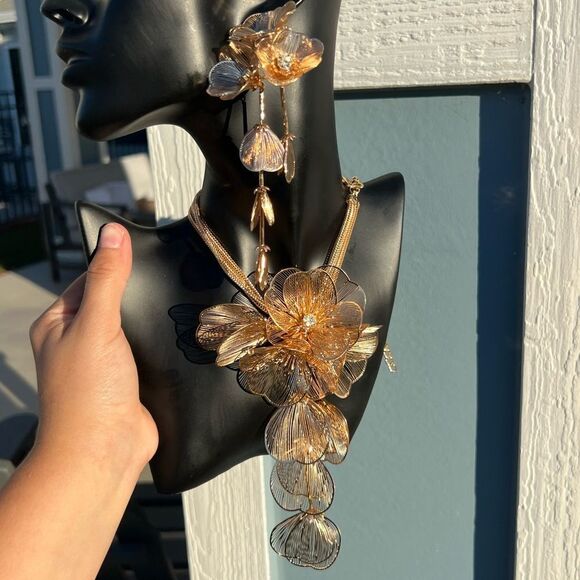 Zara Floral Gold Plated Necklace Earrings set - Picture 1 of 13